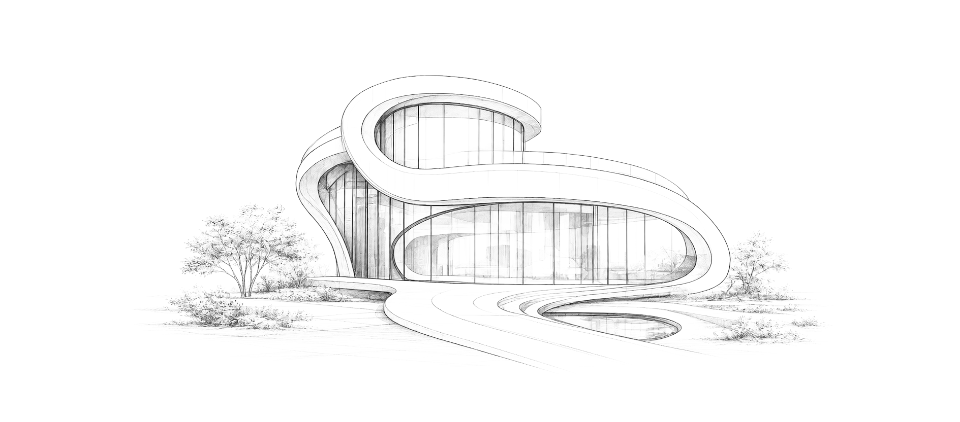 Concept sketch of a curving glass building
