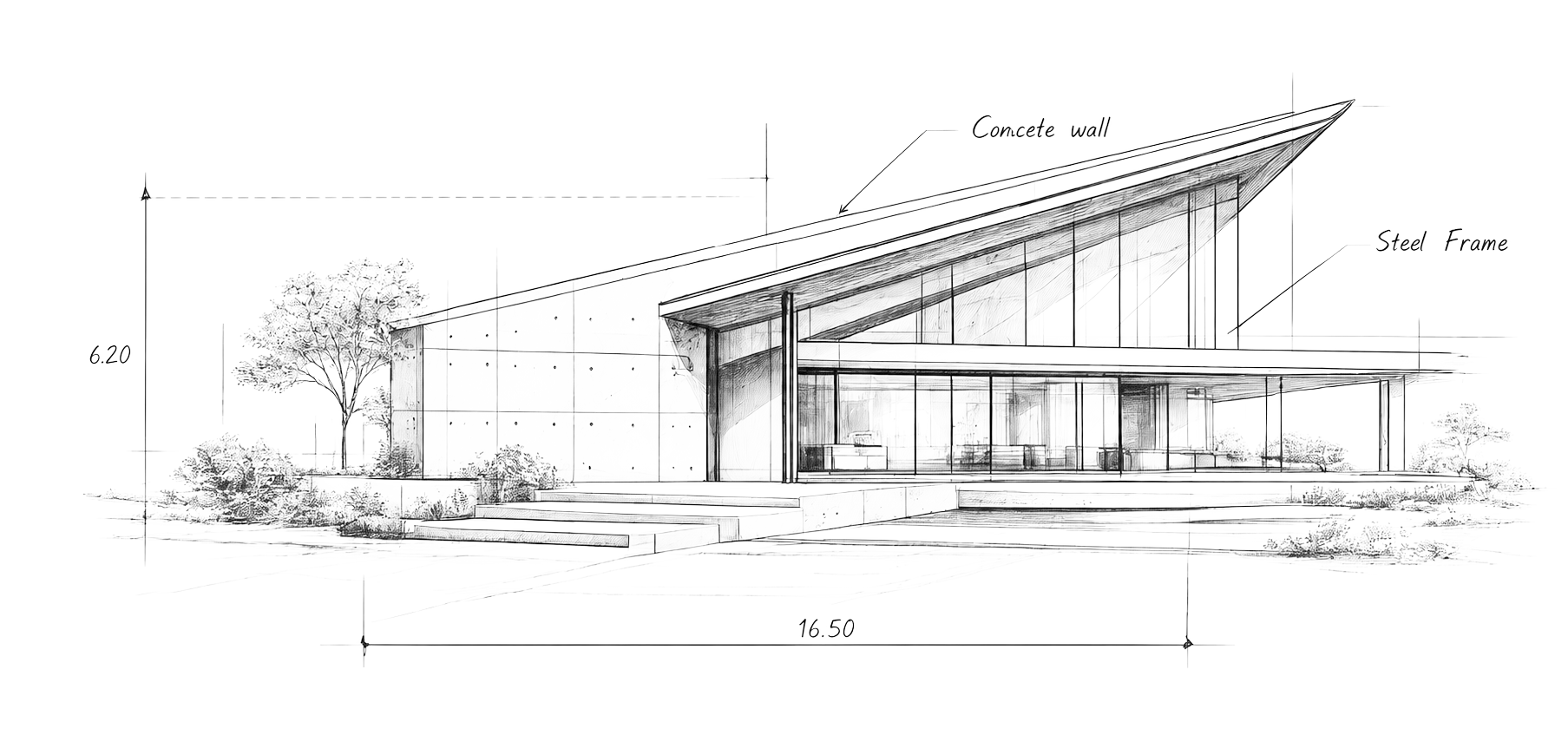Architectural pencil sketch of a contemporary sloped-roof residence