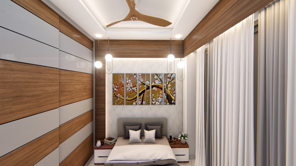 Warm wood bedroom interior at Sun City